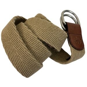 Brooks Brothers Classic Golf Belt Tan Khaki Canvas Leather Trim Brass Buckle Med